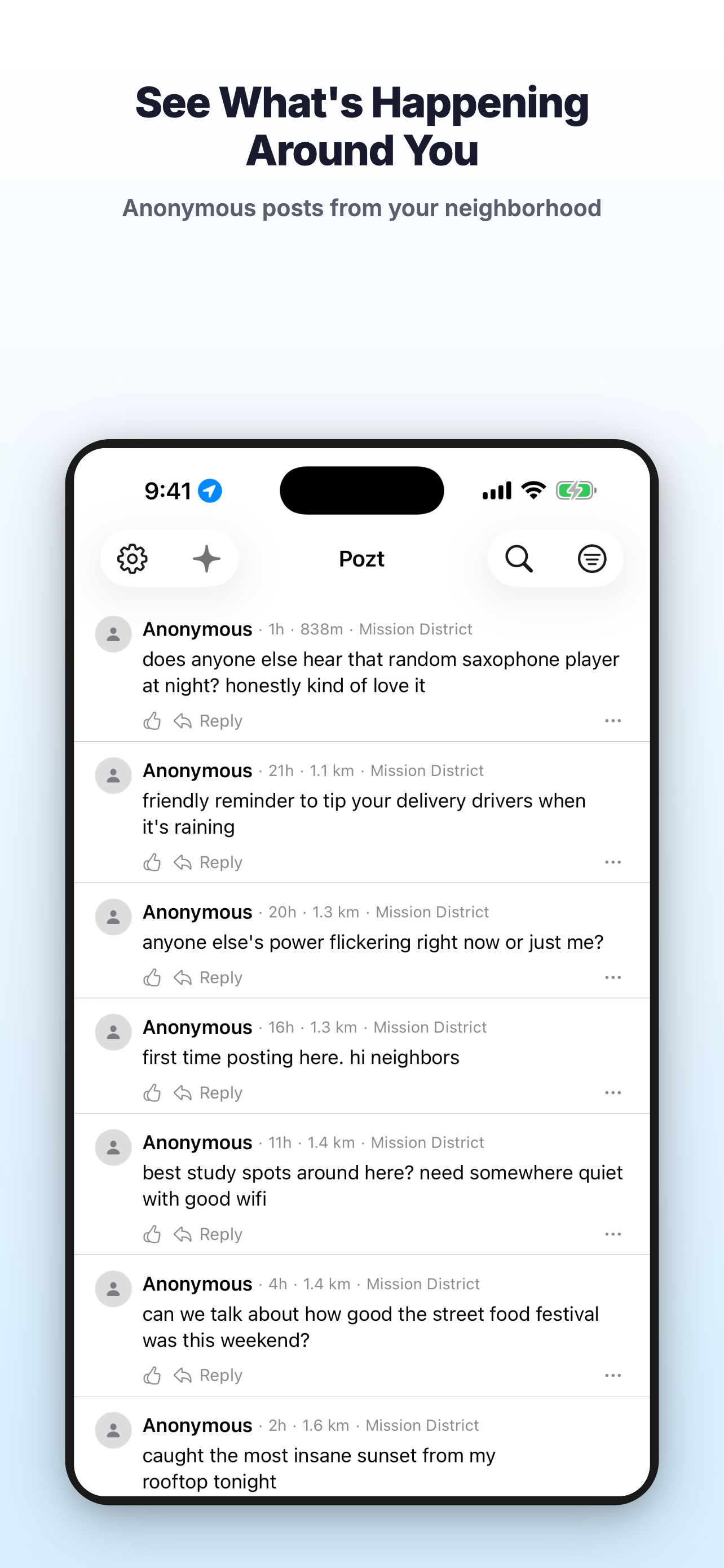 Pozt feed showing local posts